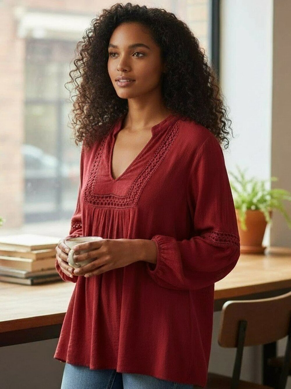 Cotton Candy LA Womens Large Red Crochet Long Sleeve Blouse Top Shirt L